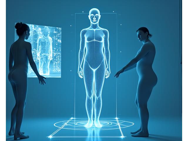 3D 바디 스캐너가 사람의 신체를 정밀하게 측정하는 모습